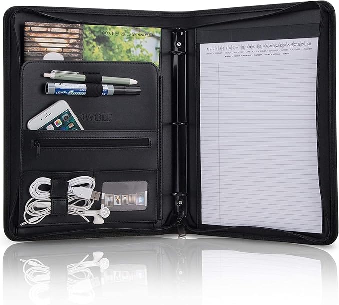 OOWOLF Padfolio Portfolio Folder, PU Leather Professional with Round Ring Binder 8.5 x 11 Inch Writing Pad Tablet Sleeve Interview Resume Document Organizer Business Card Holder Zippered Closure