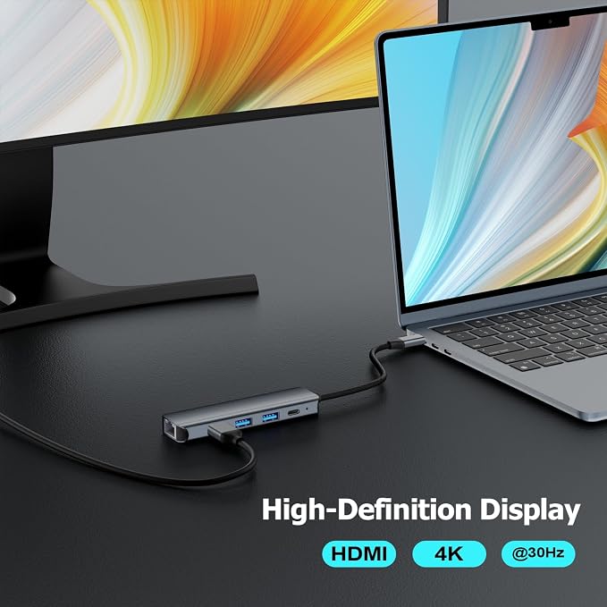 USB C Hub Ethernet HDMI Multiport Adapter for MacBook Pro/Air, iPad, Laptop Dock with 5Gbps USB A/C, 1Gbps RJ45 Gigabit Ethernet, 4K 30Hz HDMI, 100W Pass Through Charging