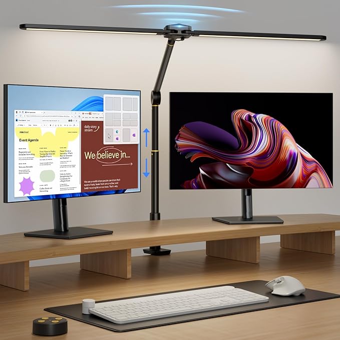 LED Desk Lamp for Home Office, Sensor Switch, 270° Rotatable & Extendable Aluminum Alloy Arm Desk Light, 24W Dimmable 3 Color Modes Eye-Caring Dual Lamp Head Monitor Reading Study Task