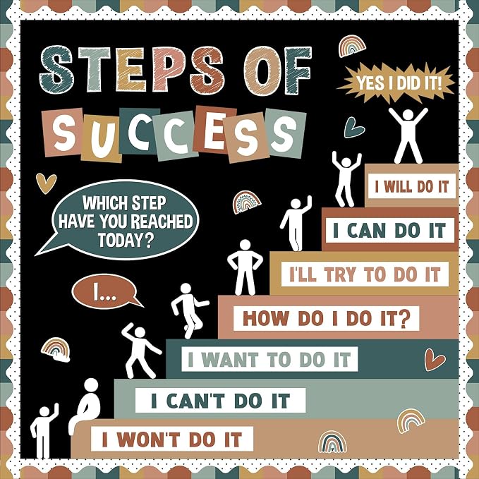 Motivational Bulletin Board Decorations Set Back to School Positive Classroom Decor Steps of Success Paper Cutouts Educational Sayings Accents for School Door Wall Chalkboard Decor Supplies (Boho)