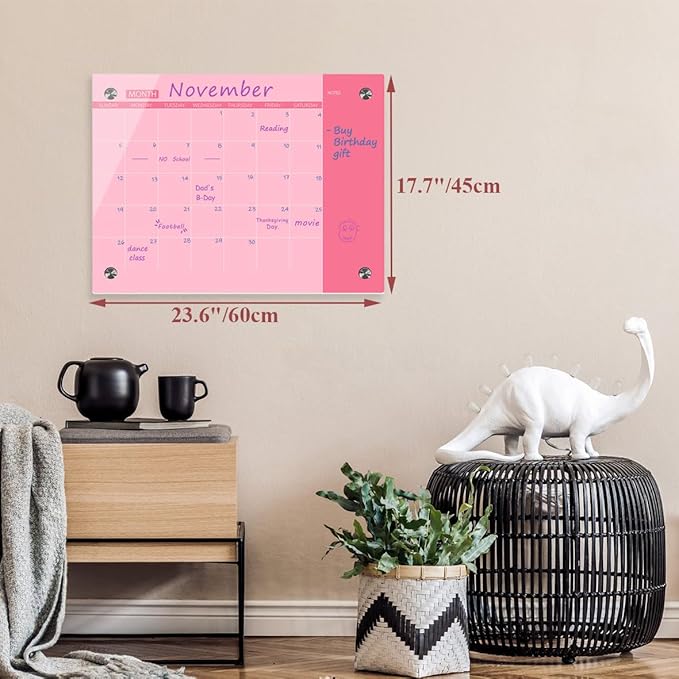 Pink Glass Dry Erase Whiteboard, 18" x 24", Frameless Glass White Board for Home, School, Office