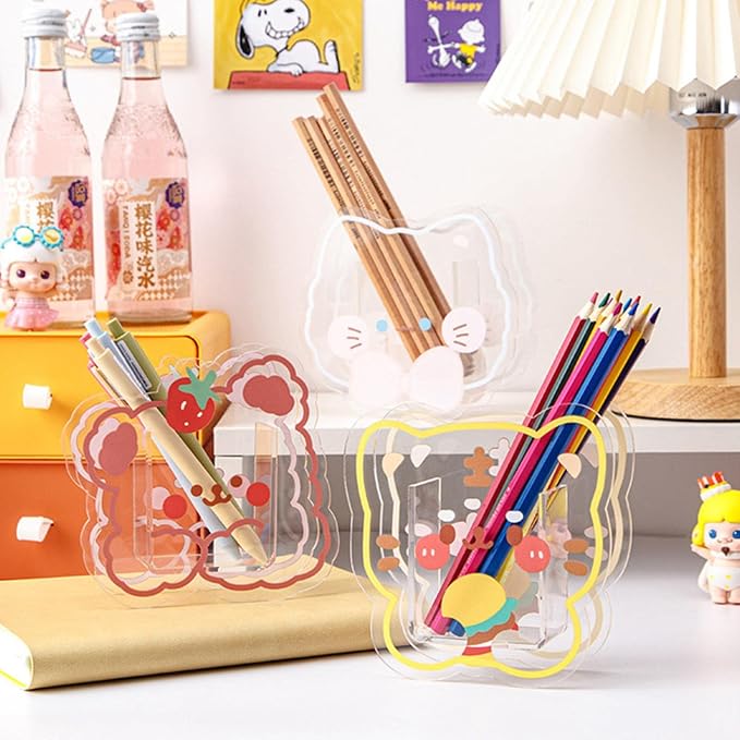 Kawaii Transparent Acrylic Pen Holder Desktop Organizer Creative Cute Bear Bunny Office Stationery Cosmetics Storage Box