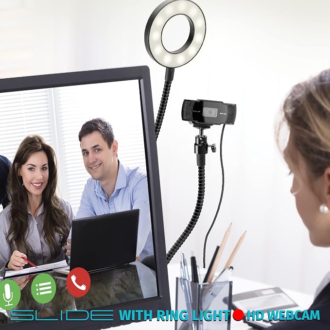 Slide 720P HD Webcam with Portable Ring Light and Clamp-on Stand, Streaming Camera with Mic, 30 FPS, 30 Light Modes, 2 Flexible Arms, Secure Clamp, Includes Sliding Lens Cover and USB Cable