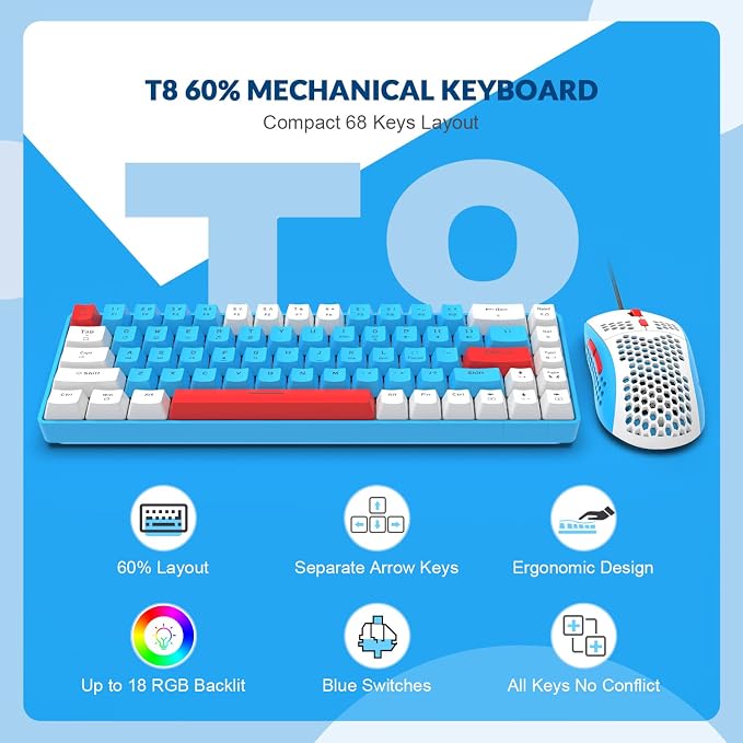 LexonElec 60% RGB Gaming Keyboard and Mouse Combo,Wired Mechanical Keyboard,68 Keys TKL Compact Mini Layout,Honeycomb Gaming Mouse,Up to 6400DPI,for PC MAC PS5 Xbox,(Pink)