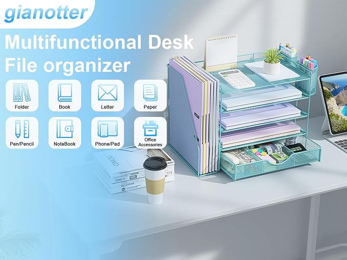 gianotter 5-Tier Desk Organizer with Drawers and File Holders | Letter Trays and Pen Holders - Workspace Accessories for Office Supplies (Blue)