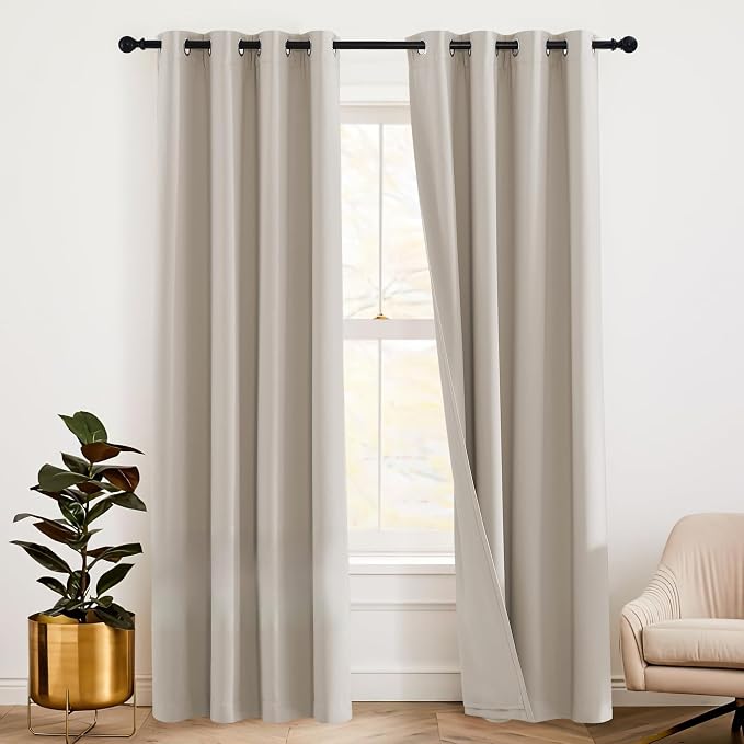 RYB HOME 3 Layer Curtains Soundproof Blackout Thermal Insulated Ideal Window Curtain Set for Baby Nursery Bedroom Living Room Playroom, W 52 x L 108 inches, Natural, 1 Pair