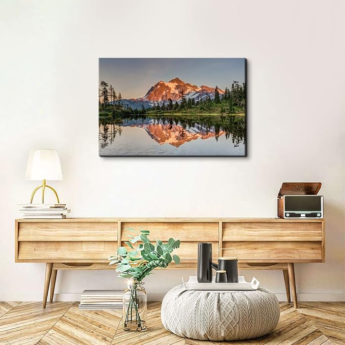 National Park Scenery Canvas Wall Art for Living Room, Sunset Nature Mountain Landscape Prints Picture Decor 24x36" Mount Baker Forest Lake Reflection Modern Painting Framed Artwork Bedroom Decoration