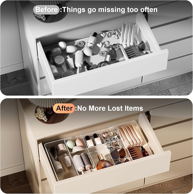 Acrylic Expandable Desk Drawer Organizer with 11 Adjustable Compartments | and 6 Removable Dividers Desk Accessories for Office Kitchen Bathroom Makeup and Utensil Junk Storage (Clear, 2Pcs)