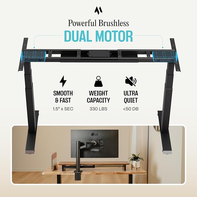 COREMINDED Dual Motor Standing Desk Frame – Heavy Duty, Powerful, 3 Stages Electric Height Adjustable Stand Up Desk Frame for Workstations with LCD Controller & Extras (Black)