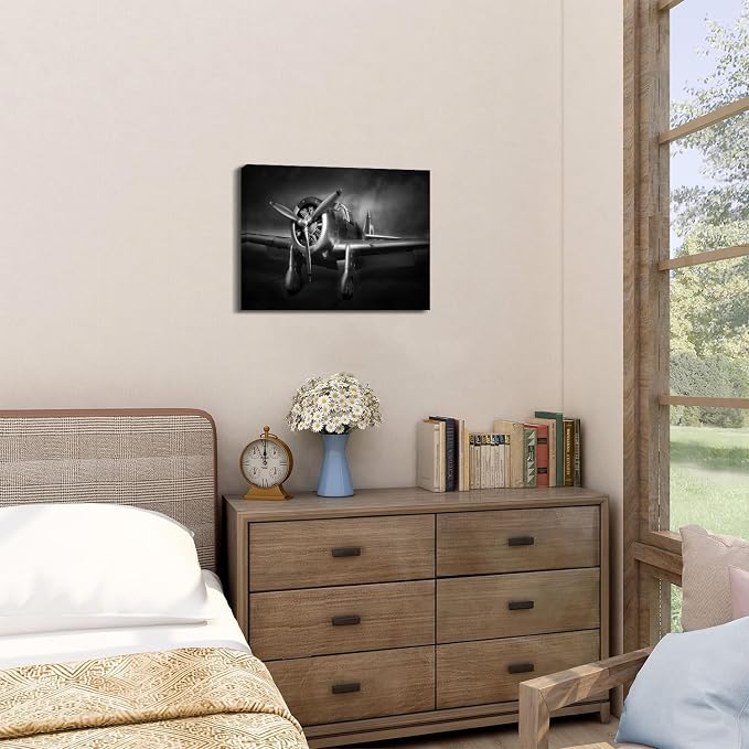 Airplane Propeller Wall Art Men Office Wall Decor Vintage Aircraft Picture Black and White Canvas Prints Artwork Fighter Poster Modern Aviation Military Painting for Home Bedroom Decoration 12x16"