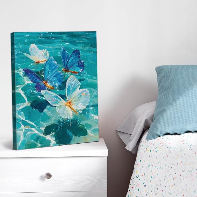 Coastal Ocean Butterfly Wall Art Decor Blue Beach Sea Picture Painting Artwork Blue Butterflies Wall Decor for Home Beach Room Bedroom 8x10 Canvas Framed