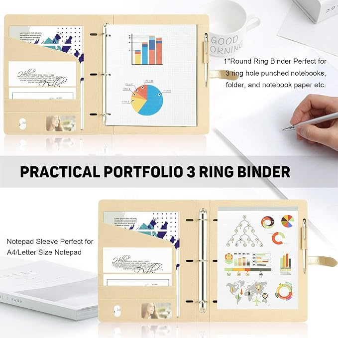 Toplive Padfolio 3 Ring Binder Organizer Business Portfolio Folder for Women, A4/ Letter Size PU Leather Portfolio Padfolio for Interview Conference Presentation, Gold