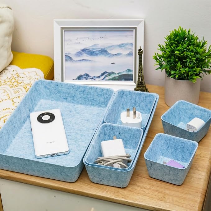 Desk Drawer Organizer Bins, 8pcs Felt Shallow Bathroom Storage Trays, Office Accessories & Workspace Organizers Jewelry & Makeup Boxes Containers(Blue)
