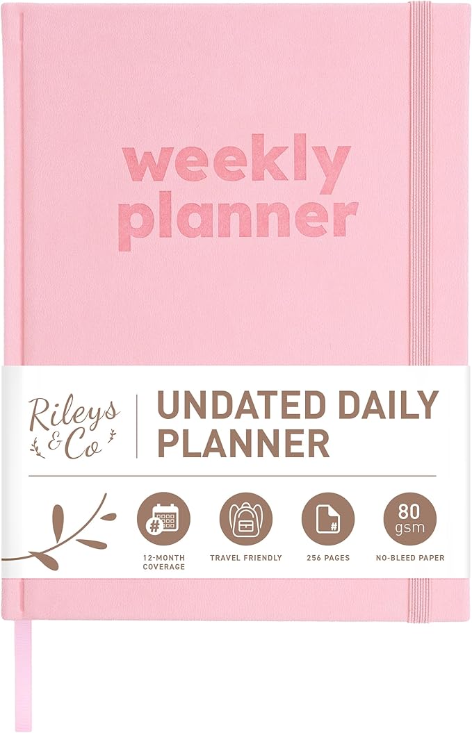 Rileys & Co Undated Daily Planner 8 x 6 in, Day Schedule Planner & Agenda Book, Journal with Goal & Habit Tracker, No Dates Dateless Annual Organizer for Work, School & Home - Pink