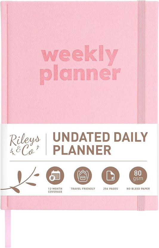 Rileys & Co Undated Daily Planner 8 x 6 in, Day Schedule Planner & Agenda Book, Journal with Goal & Habit Tracker, No Dates Dateless Annual Organizer for Work, School & Home - Pink