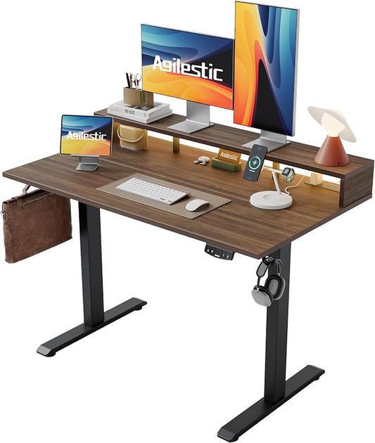 Agilestic 55 x 24 Inch Electric Standing Desk with Shelf, Height Adjustable Desk with Power Outlets & LED, Sit Stand Up Table with Monitor Stand, Computer Workstation, Dark Walnut