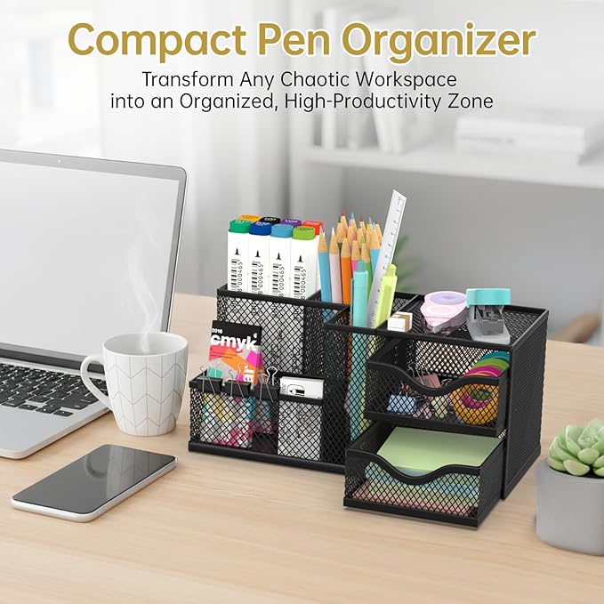 Mesh Desk Organizer, Pen Organizer with 2 Drawers and 5 Compartments, Versatile Pen Holder for Small Space, Desk Organizers and Accessories for School Office Supplies, Black