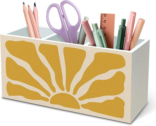 DILSJ Boho Abstract Sunshine Pen Pencil Holder Organizer for Desk, Boho Office Decor, Groovy Retro Abstract Sunshine Wooden Box Signs for Home Office Desk Tabletop Decoration