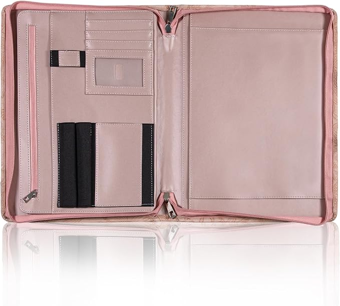 Generic Zippered Leather Padfolio Portfolio with Hidden Handle and Clipboard, Business Conference Organizer Notepad Folder, Portfolio Bag, Padfolio for Women/Men (Pink)