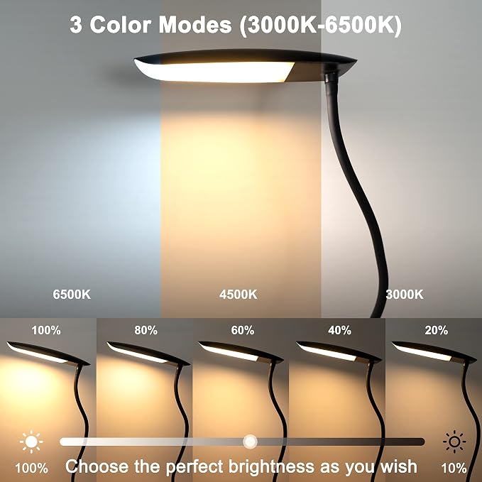 LiFMIRA Clip on Lamp USB Reading Light 3 Color Modes 3000-6000K and 10 Brightness 8W 40 LED Flexible Gooseneck Desk Light Clip on Lamp for Desk Eye Caring Bed Lamp for Headboard (No Plug)