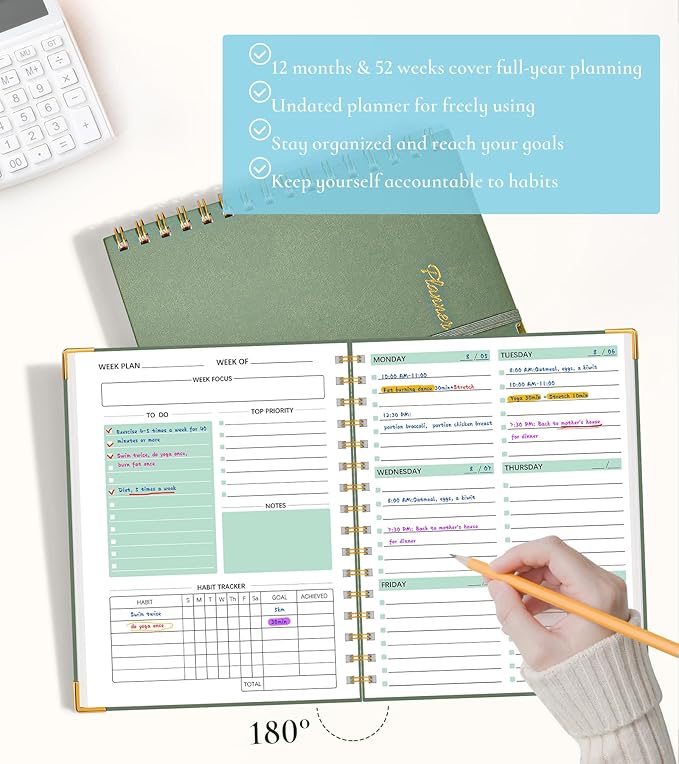 Undated Weekly Planner, Hardcover Leather Weekly & Monthly Calendar Blank Planner, To Do List Notebook with Goal & Habit Tracker Organizer, A5 Daily Planner with Spiral Binding, Ideal for Work School Home, Green