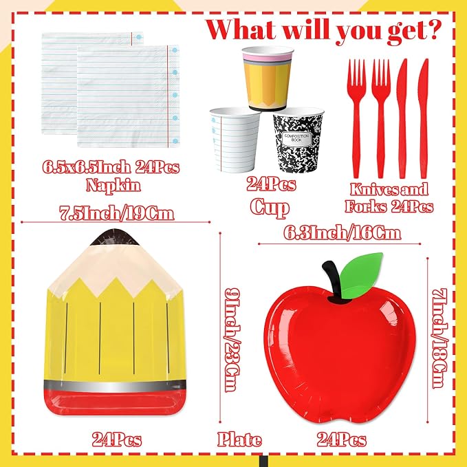 Back to School Party Supplies Kit Apple Pencil Notebook Composition Tableware Set Disposable Dinnerware Paper Napkin Plate Cup Fork for First Day of School Kindergarten Graduation Decor, 24 Guest