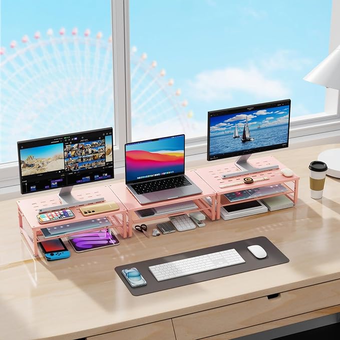 gianotter 2-Tier Metal Monitor Stand Riser, Desk Organizer for Monitor, Office Desk Storage Organizer for Office Supplies (Rose Gold)