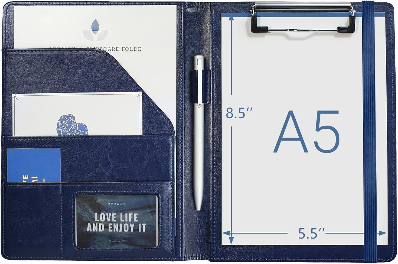 Small Padfolio Clipboard A5 Folder for Writing Pad Refillable 5 x 8 Note pad, Mymazn Faux Leather Clipboard Folder Junior Size Portfolio 5x8 Folio Clip Board (Blue)