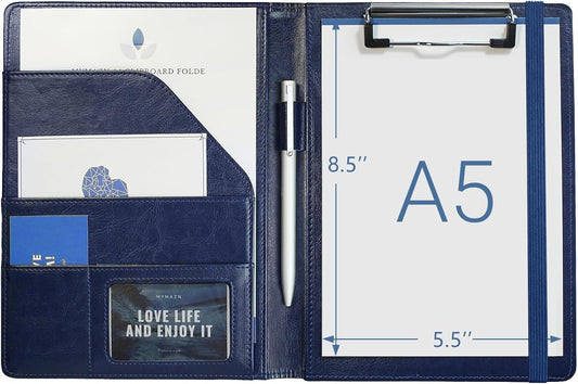 Small Padfolio Clipboard A5 Folder for Writing Pad Refillable 5 x 8 Note pad, Mymazn Faux Leather Clipboard Folder Junior Size Portfolio 5x8 Folio Clip Board (Blue)