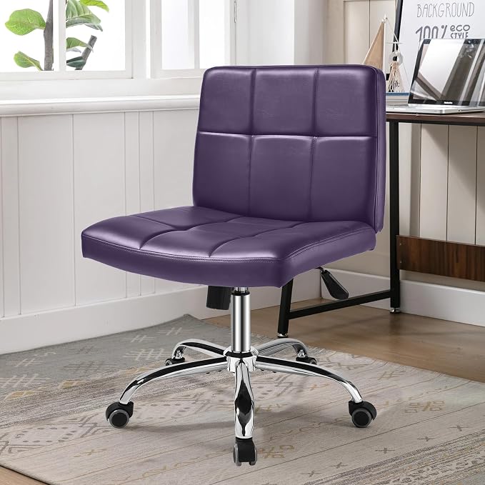 360° Office Desk Chair,PU Adjustable Rolling Task Chair with Backrest for Barber,Office,Home, Computer,360° Swivel,Armless (Widened Purple)