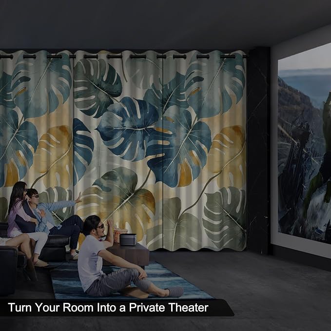 Blackout Curtains for Bedroom and Living Room, Grommet Thermal Insulated Room Darkening Bedroom Curtains, Monstera Leaves Drapes 84 Inch Long 2 Panels Set Light Filtering Reduce Noise Protect Privacy