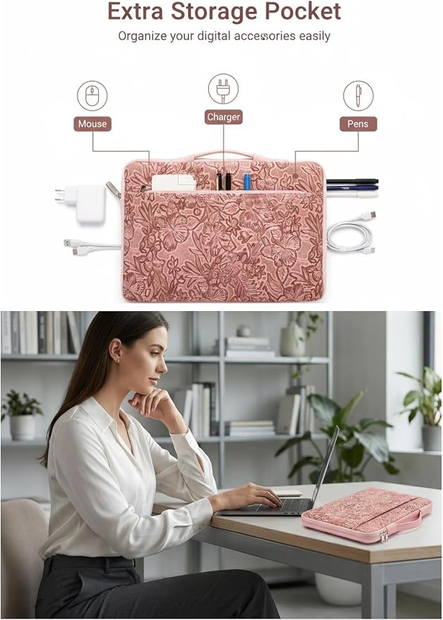 Kinmac Embossed PU Leather 360° Heavy Duty Protective Laptop Sleeve with Poacket (Pink Flower, 14 inch-14.6 inch)