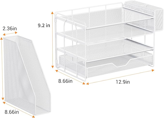 OPNICE 4-Tier Desk Organizer and Accessories, Desktop File Organizer with Drawer, Pen Holder and File Holder, Paper Letter Tray Organizer, Office Desk Accessories for Home Office Supplies, White
