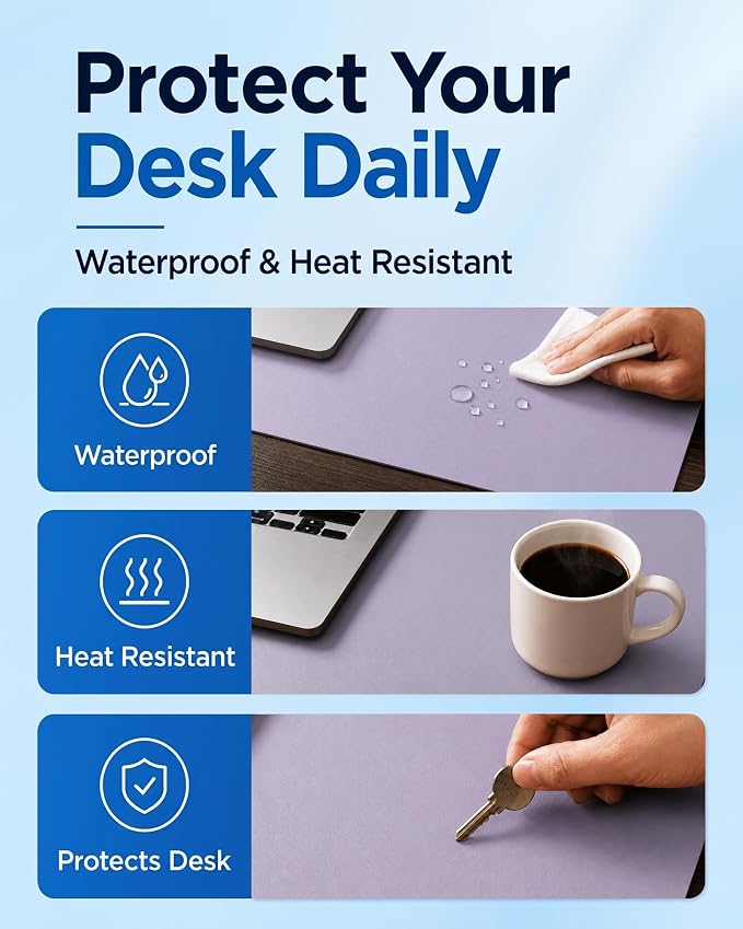 Aothia Dual-Sided Desk Mat, FSC Cork & PU Leather Desk Pad, Large Mouse Pad & Writing Surface for Daily Workspace Setup, Non-Slip Waterproof Desk Protector - 35.4" x 15.7", Light Purple