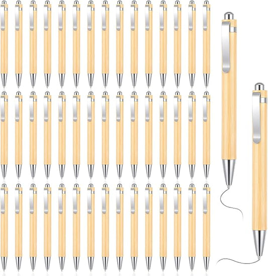 100 Pcs Bamboo Pens Bulk, Wooden Retractable Ballpoint Pens with Engraving for Customizable Gifts, Office Supplies and Writing