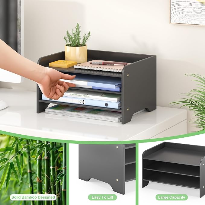 Bamboo File Organizer for Desk, Desktop Paper Tray and Mail Holder | Three open tiers keep A4/letter paper, folders, bills and mail sorted, visible and easy to reach while saving desk space