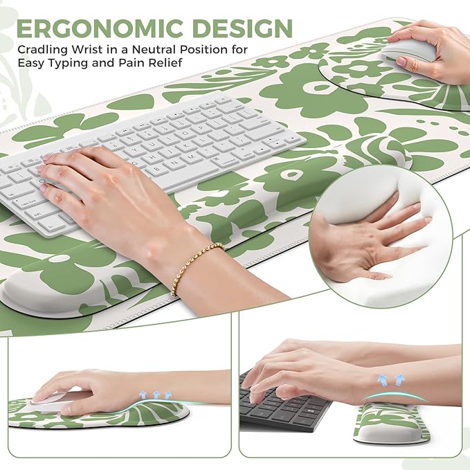 iCasso Desk Cover Mat, 4in1 Floral Large Mouse Pad with Wrist Rest, Desk Matt for Desktop, Anti-Slip XXL Big Computer Ergonomic Mousepad with Wrist Support for Keyboard and Mouse (Green)