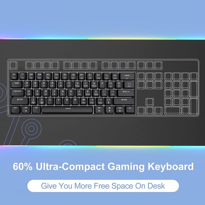 DIERYA 60% Mechanical Keyboard, DK61se Wired Gaming Keyboard with Blue Switches, LED Backlit Ultra-Compact 61 Keys Mini Office Keyboard for Windows Laptop PC Gamer Typist（Black）
