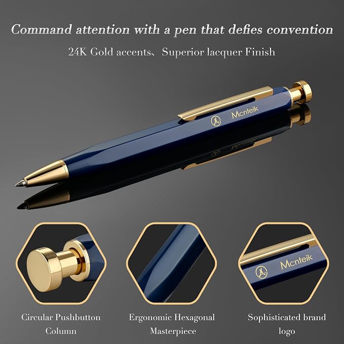 MCNTEIK Blue Gel Pen-Stunning Click Pen with 24K Gold Finish, Hexagonal Design, ADMOK Black Refill, Best Gift Set for Men & Women, Professional Executive Office, Nice Fancy Retractable Pens