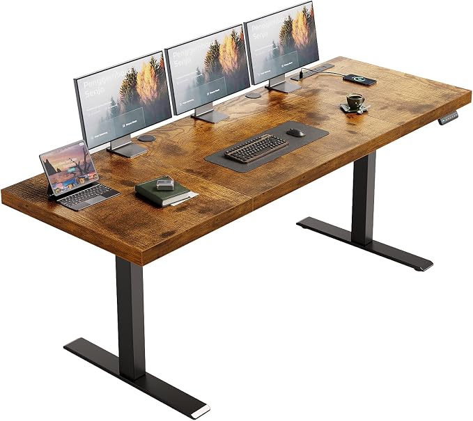 OffiGo 71" Executive Electric Standing Desk Height Adjustable, Rustic Brown | 1.38" Thick 3-Panel Desktop, Power Outlets, 3 Memory Presets, Dual-Beam Frame for Home Office, Workstation, Conference Room