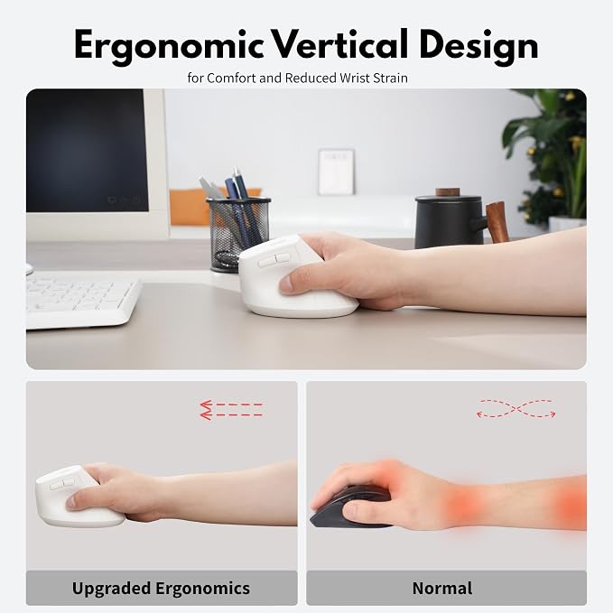 Ergonomic Mouse,Wireless Mouse,Bluetooth Vertical Mouse with BT5.0/4.0/2.4G, Rechargeable with Battery Indicator,Ergonomic Design for Comfort and Reduced Wrist Strain for Home,Office Use(White)