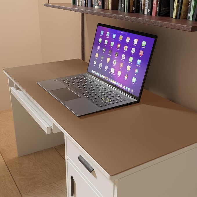 Faux Leather Table Cover,1.8mm Thick,24x48 Inch Desk Cover,Large Desk Mat,Table Protector,Table Cover Protector,Desk Protector,Table Pad(Mud Color+Champagne Gold,24x48)