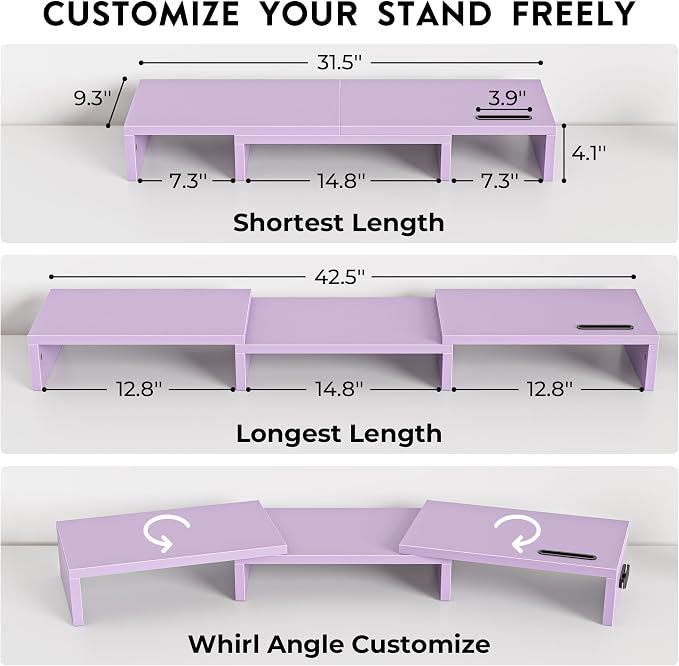 BONTEC Dual Monitor Stand Riser with Smartphone Holder, Adjustable Length & Swivel Angle, Ergonomic Wooden Desktop Organizer for PC Monitor, Laptop, Printer, Large Storage, Purple