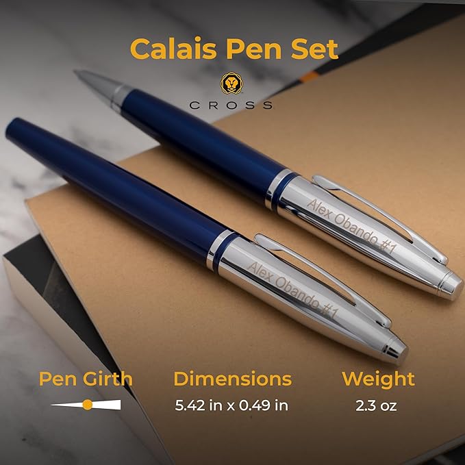 Cross Calais Engraved Ballpoint and Rollerball Pen Set, Blue Lacquer with Chrome Trim, Personalized Gift for Graduation, Retirement, Career Advancement, Executives, Cross Gift Box Included