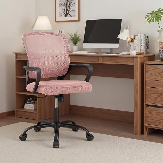 DUMOS Home Office Chair - Ergonomic Mid Back Mesh Desk Chair with Lumbar Support & Rocking Mode, Height Adjustable with Fixed Armrest, for Conference, Computer, 360° Swivel, Adults, Pink
