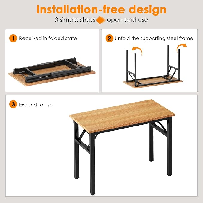 SDHYL 39 inches No Assembly Foldable Computer Desk, Modern Portable Laptop Workstation for Small Spaces with Adjustable Leg Pads, Simple Study and Writing Table for Home Office, Teak & Black