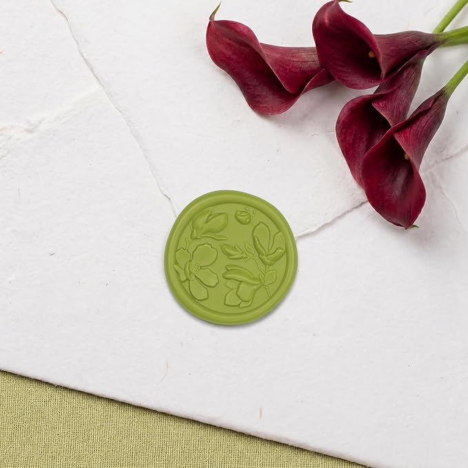 UNIQOOO Wax Seal Stickers - 3D Magnolia Wedding Invitation Envelope Botanical Seal Stickers, 50 Pcs Self- Adhesive Chartreuse Green Stickers, Perfect for Invitation, Christmas, Gift Wrapping, Party