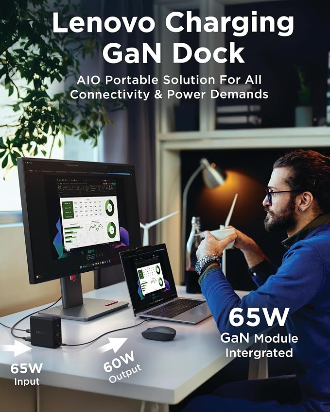 Lenovo GaN Charging Dock, Multiport Docking Station w/ 60W PD, HDMI, USB-C, USB-A, Micro SD, Power Adapter & Dock in One, Compact Design, Sustainable Materials, Home Office Gaming Dock Stand Console