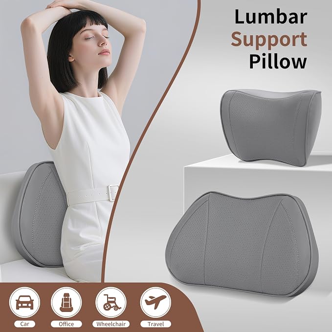 Car Lumbar Support Pillow for Driving Seat, Gray, 1 Pack | Leather Memory Foam Lumbar Cushion for Lower Back Pain Relief, Universal Back Support for Driving, Home & Office Chairs