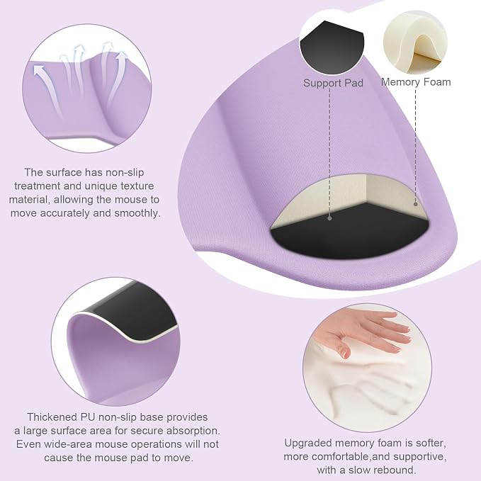 MOSISO Wrist Rest Support for Mouse Pad & Keyboard Set, Ergonomic Mousepad Non-Slip Base Home/Office Pain Relief & Easy Typing Cushion with Neoprene Cloth & Raised Memory Foam, Dusty Lilac